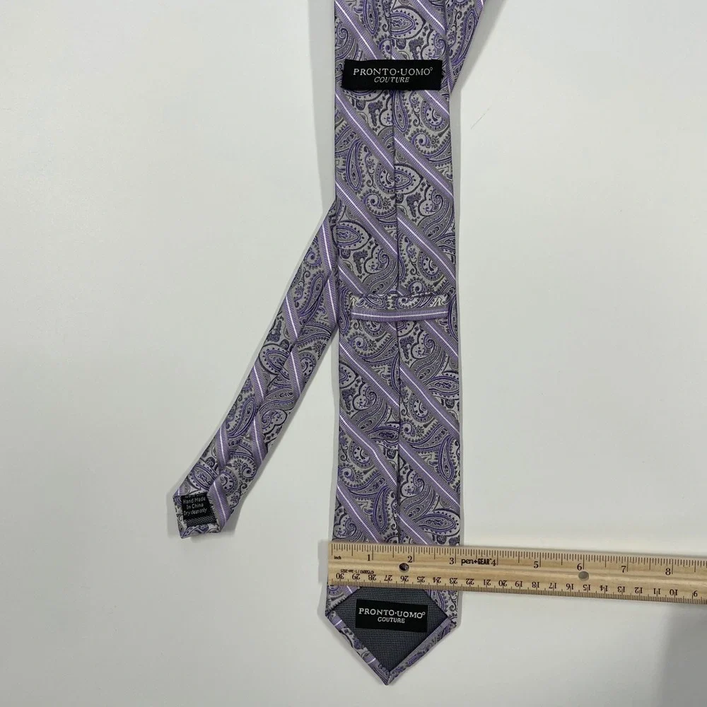 Pronto Uomo Purple Silver Paisley Striped Silk Necktie Mens One Size